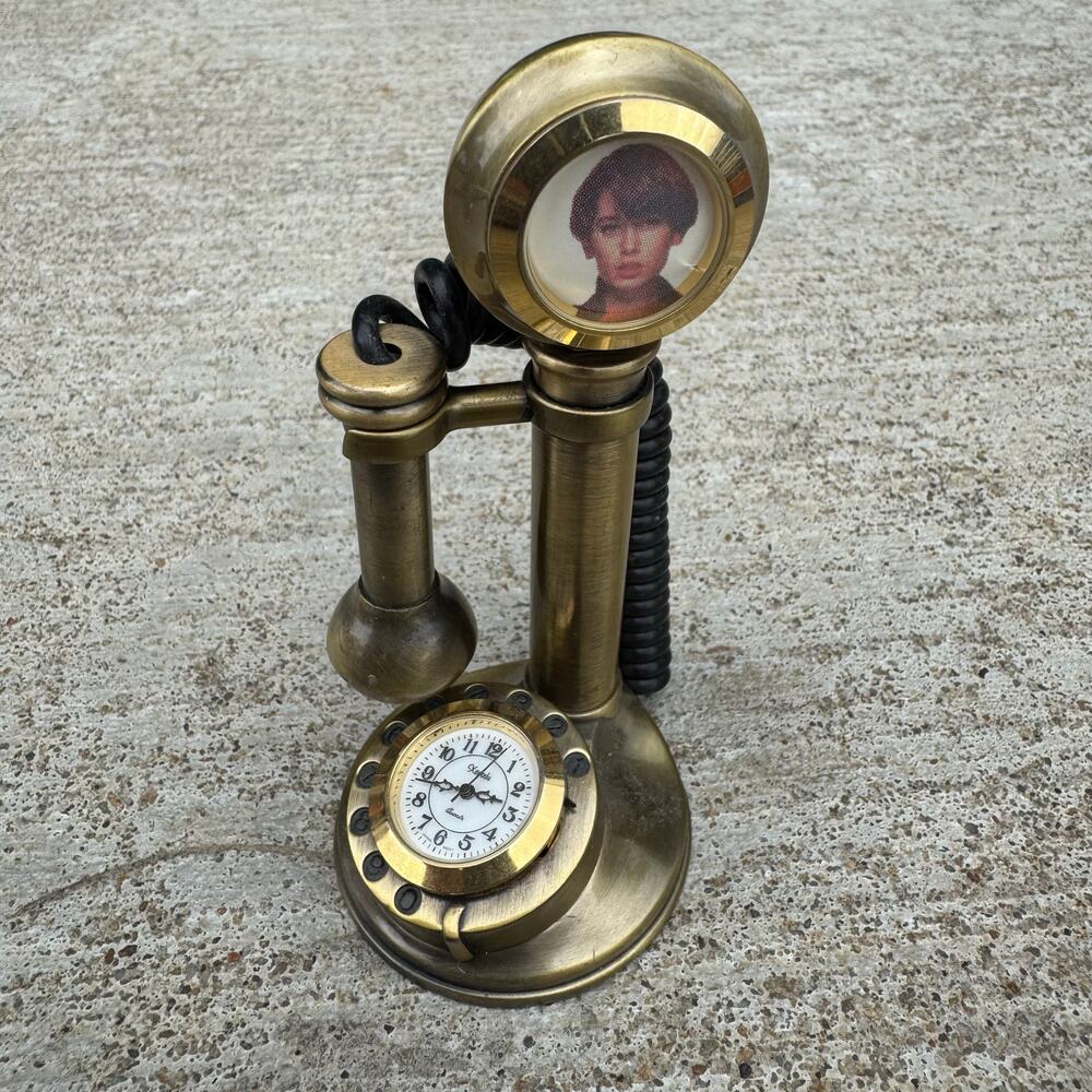 Xanadu Metal Candlestick Phone Clock Vintage Mini Copper Tone New Battery